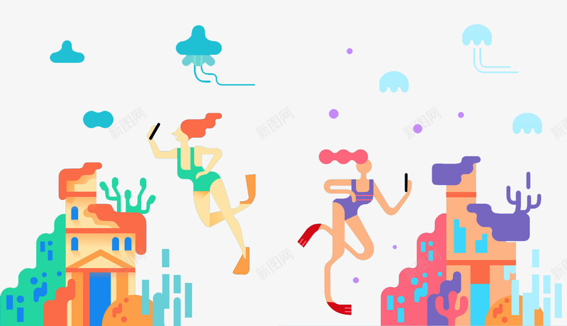 扁平化海底世界png免抠素材_新图网 https://ixintu.com 创意设计 卡通设计 扁平创意图