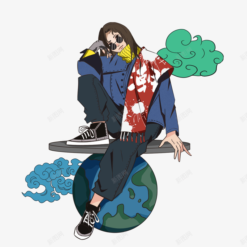 手绘潮流人物元素psd免抠素材_新图网 https://ixintu.com 人物 地球 手绘 潮流 祥云