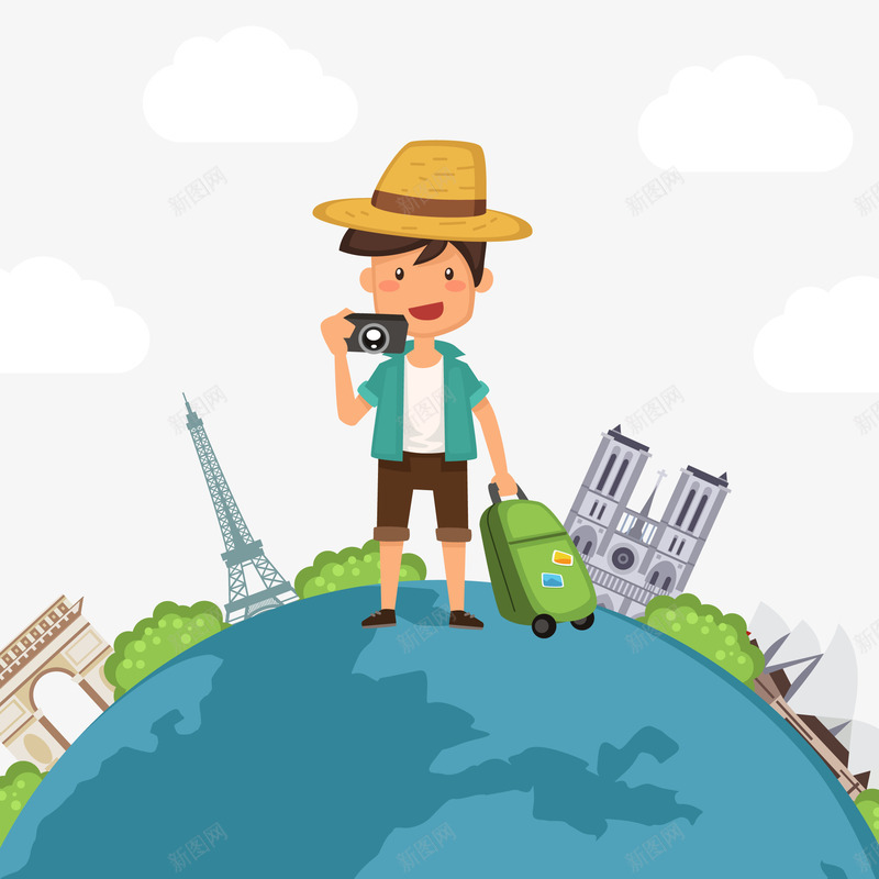 背包旅行男孩矢量图ai免抠素材_新图网 https://ixintu.com 凯旋门 卡通 周游世界 埃菲尔铁塔 拍照男孩 旅行 矢量图