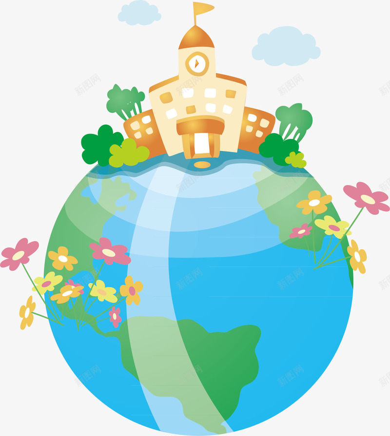 卡通地球村插画png免抠素材_新图网 https://ixintu.com 地球 村庄 矢量插画 花朵