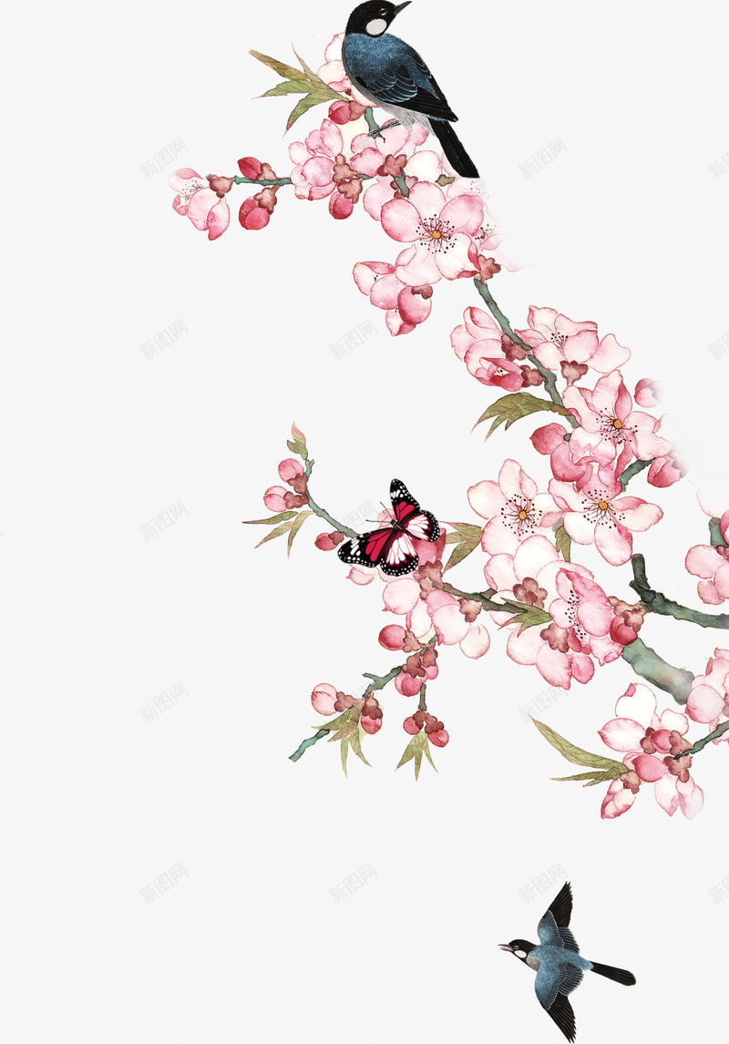 手绘桃花喜鹊花蝴蝶png免抠素材_新图网 https://ixintu.com 一支桃花 喜鹊 桃花 简约 背景装饰 蝴蝶 鸟