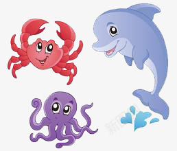 卡通水底生物png免抠素材_新图网 https://ixintu.com 海底生物 章鱼 螃蟹 鲨鱼
