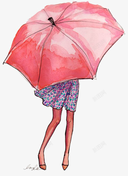 女生背影png免抠素材_新图网 https://ixintu.com 夏天 手绘 水彩 短裙 雨伞