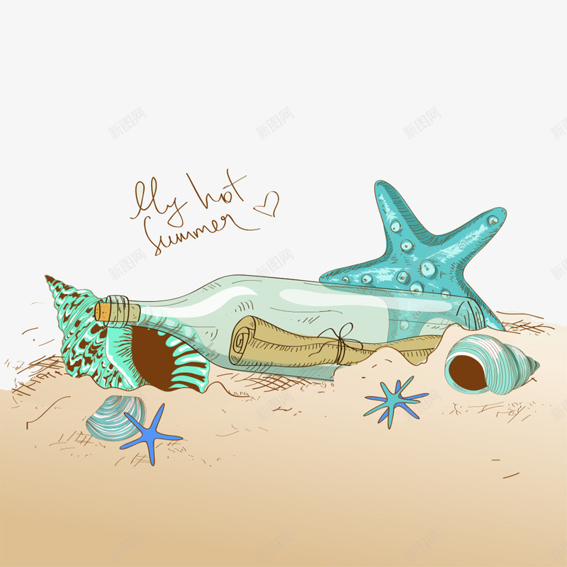 漂流瓶海星海螺沙滩png免抠素材_新图网 https://ixintu.com 插画 沙滩 海星 纸 英文 许愿