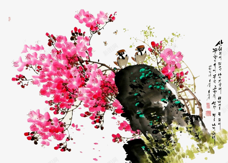 小清新写意花鸟画png免抠素材_新图网 https://ixintu.com 创意花型 各种花图案 商业图案 手绘图案 手绘植物 手绘花卉 月季花 植物图案 牡丹花 红玫瑰 艺术 花 花型图案 蓝色花型