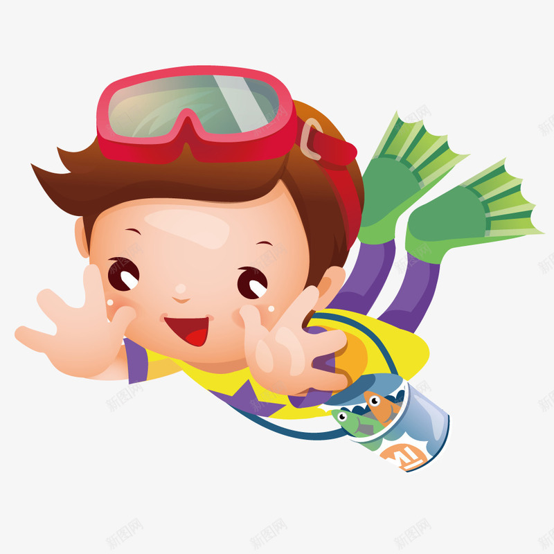 海底下抓鱼png免抠素材_新图网 https://ixintu.com 手绘 插画 海底 男孩 矢量人物 鱼