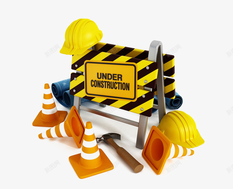 施工用具png免抠素材_新图网 https://ixintu.com 安全帽 路障 锤子 黄色