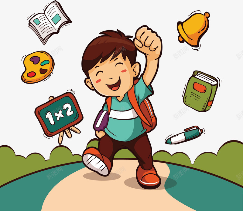 手绘卡通上学男孩矢量图ai免抠素材_新图网 https://ixintu.com 上学 上学啦 上学的男孩 上学路上 开学啦 矢量png 矢量图
