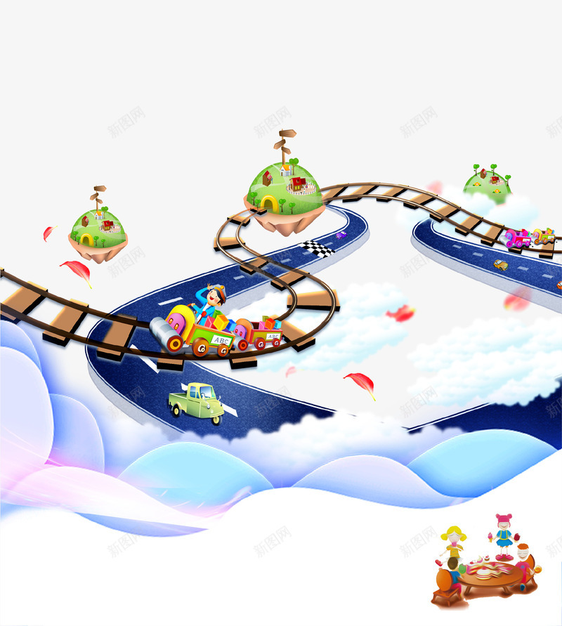 卡通儿童过山车插画psd免抠素材_新图网 https://ixintu.com 云朵 儿童乐园 创意设计 插画 海报 过山车