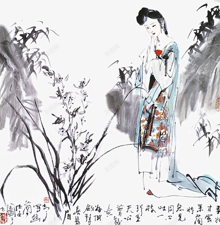 唯美细致国画png免抠素材_新图网 https://ixintu.com 中国画 侍女画 写意人物画 古代侍女 唯美细致国画 宣纸画 泼墨人物 诗情画意