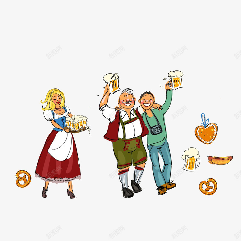 卡通狂欢的啤酒节psd免抠素材_新图网 https://ixintu.com 一群狂欢的人 勾肩搭背的男子 啤酒节的狂欢 女服务员 肩并肩 高举酒杯