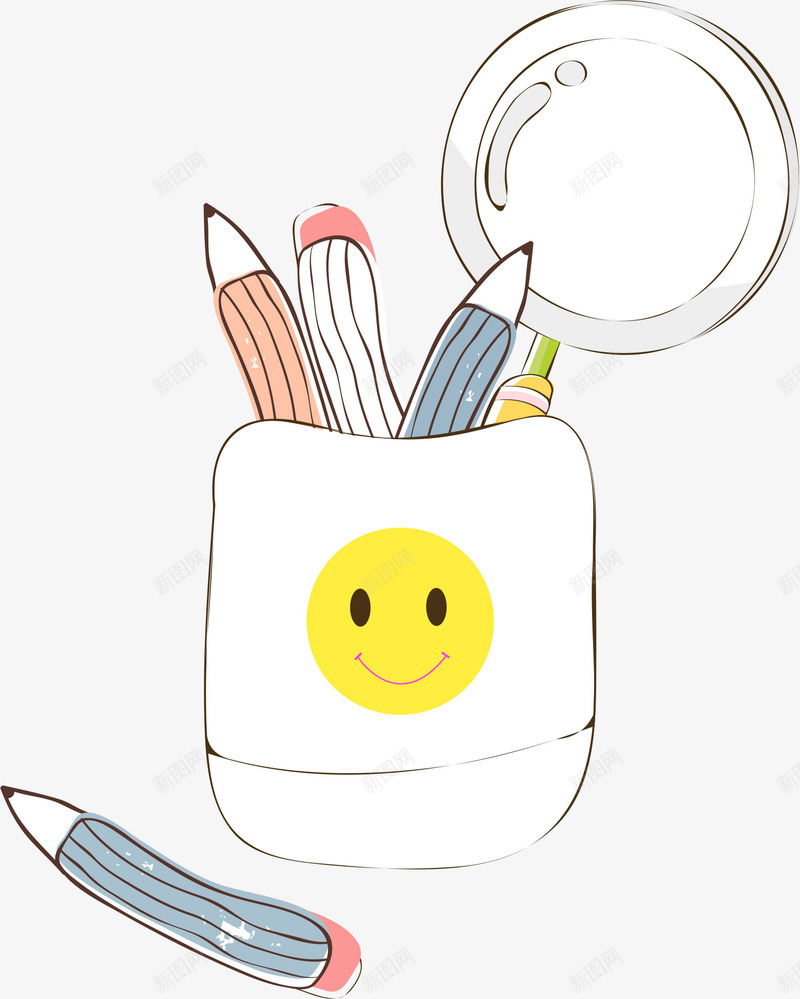 手绘笔筒png免抠素材_新图网 https://ixintu.com AI 上学 卡通 学习 手绘 插图 插画 放大镜 文具 笔 线条 铅笔