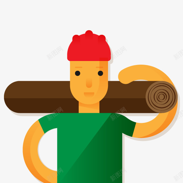 木工png免抠素材_新图网 https://ixintu.com 卡通木工 扛着木材 木材 红色安全帽