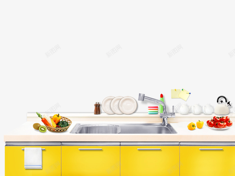 厨房用品png免抠素材_新图网 https://ixintu.com 厨房用品 水果 洗手台 餐具 黄色