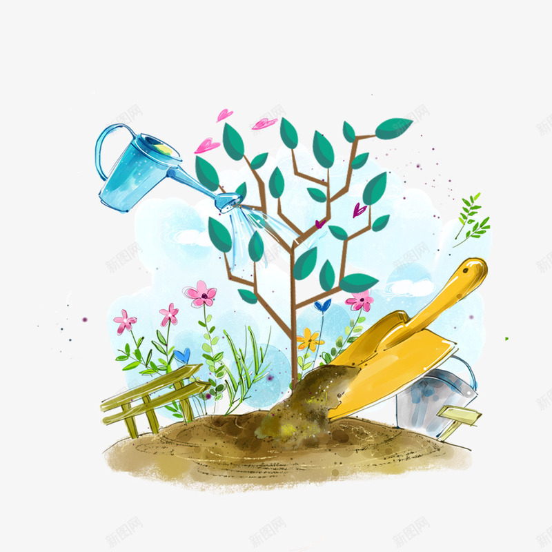 创意手绘植树插画psd免抠素材_新图网 https://ixintu.com 312植树节 公益海报 植树插画 浇水 环保海报 种植活动