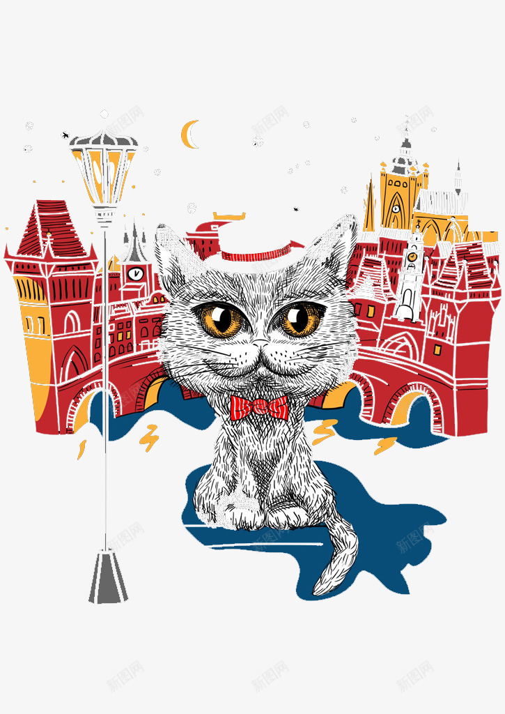 猫的王国png免抠素材_新图网 https://ixintu.com 创意手绘 卡通 壁纸 彩色手绘 插画 文艺 楼房 猫