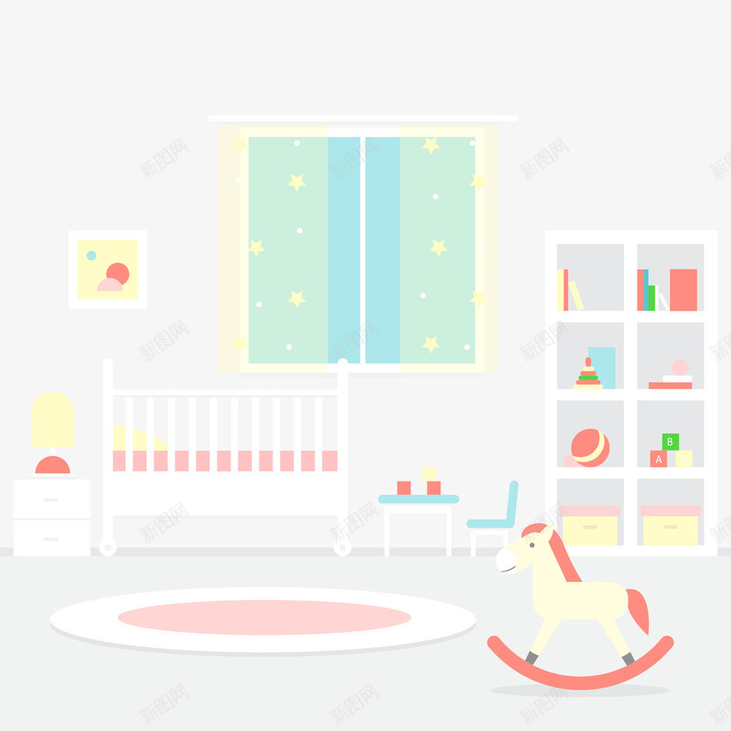 婴儿房矢量图ai免抠素材_新图网 https://ixintu.com 婴儿床 扁平 木马 粉嫩 矢量图