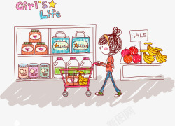 手绘卡通都市女孩超市购物插画矢量图素材