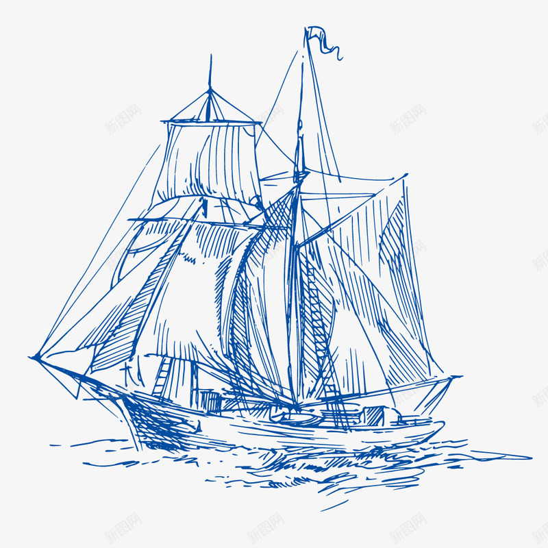 蓝色航海捕鱼帆船元素矢量图