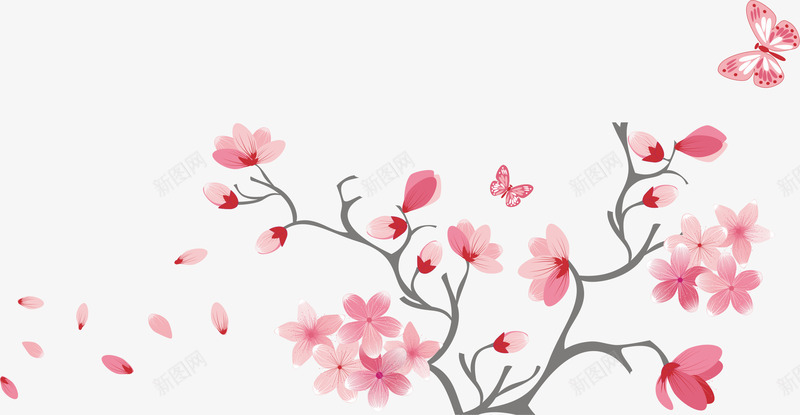 手绘杏花粉蝴蝶png免抠素材_新图网 https://ixintu.com AI 手绘 春天 杏花 桃花 粉色 花枝 花瓣