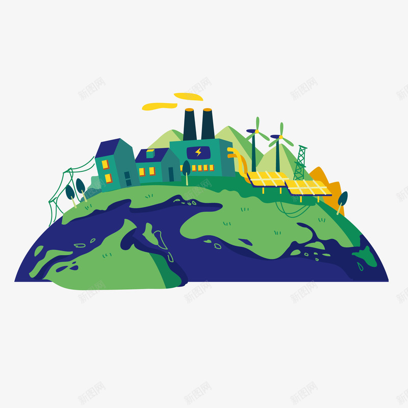 卡通扁平地球村png免抠素材_新图网 https://ixintu.com 免扣PNG 半圆 卡通 地球 城市 房屋 绿色