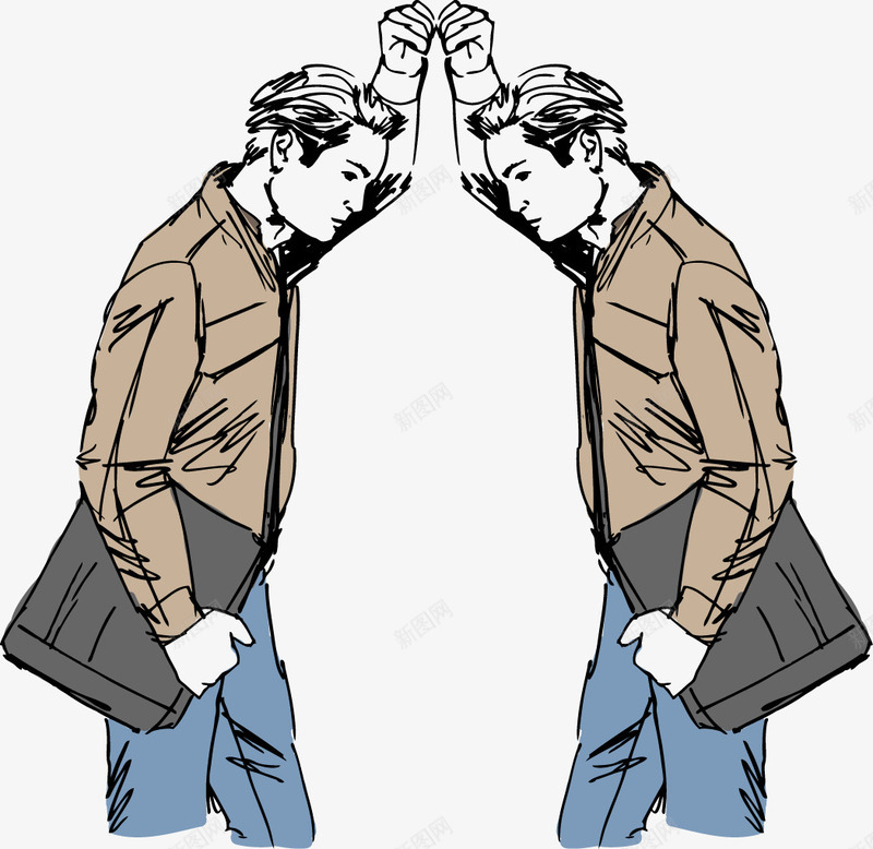 手绘照镜子的公务员png免抠素材_新图网 https://ixintu.com 公务员 叹气沮丧 手绘 沮丧 照镜子