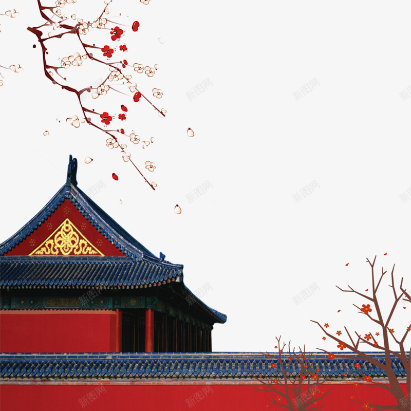 中国风古建筑元素png免抠素材_新图网 https://ixintu.com 中国风 城墙 宫殿 寒梅 故宫 梅 梅花 腊梅