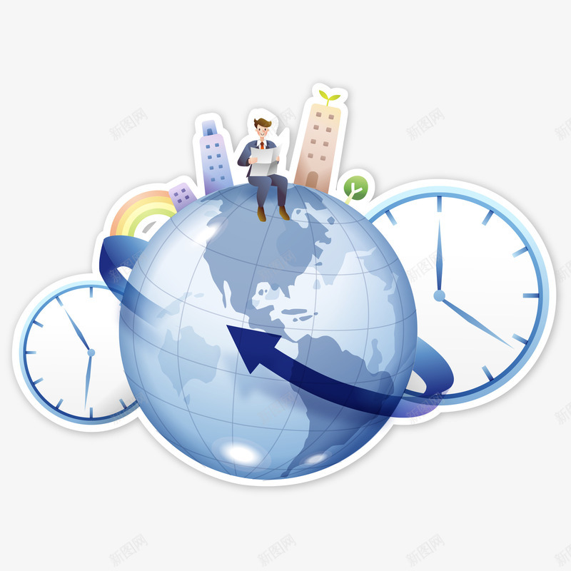 卡通坐在地球上的人物png免抠素材_新图网 https://ixintu.com 创意 卡通手绘 坐在地上的人物 时钟 楼房 简单