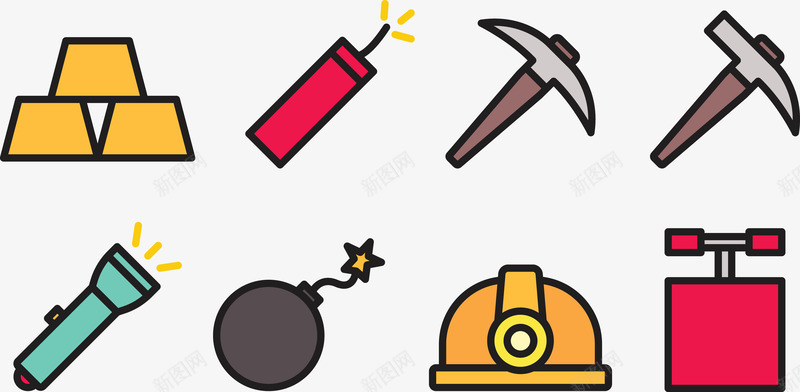 挖采金矿用品png免抠素材_新图网 https://ixintu.com 安全帽 工具用品 炸弹 电灯 金元宝 锄头