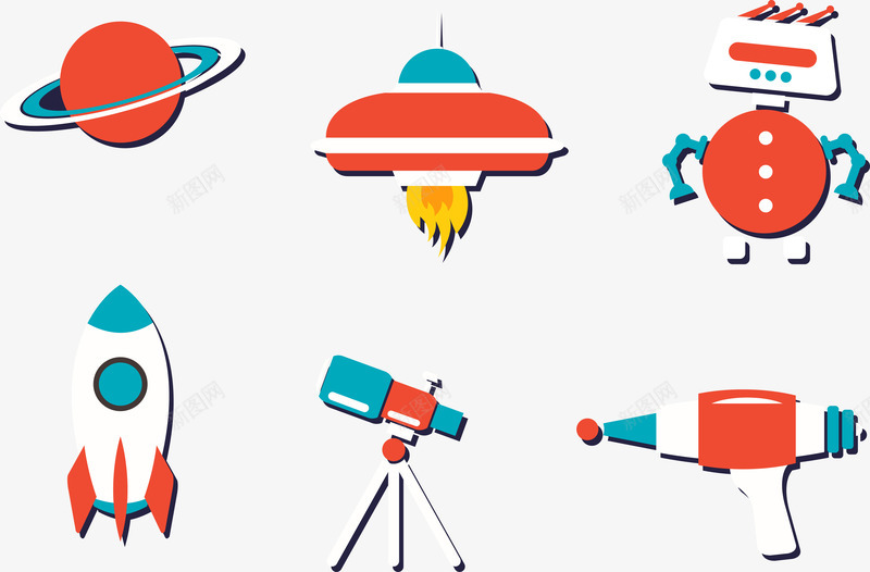 可爱宇宙太空元素矢量图eps免抠素材_新图网 https://ixintu.com UFO 可爱 宇宙飞船 望远镜 火箭 童趣 矢量图