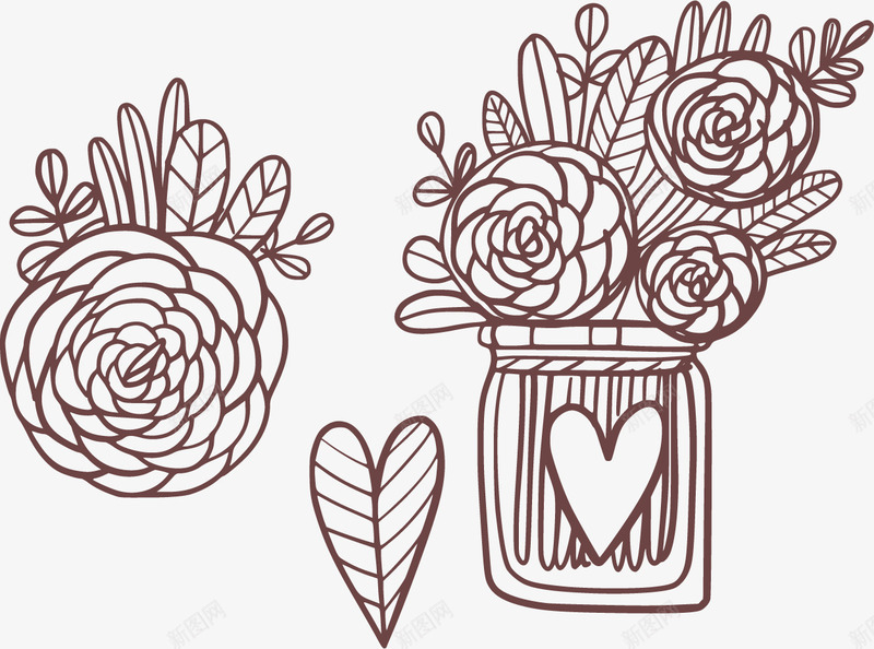 爱情主题线描叶子透明png免抠素材_新图网 https://ixintu.com 叶子 叶子线描 小清新 心形 爱情 线描叶子 花朵 花瓣 花瓶