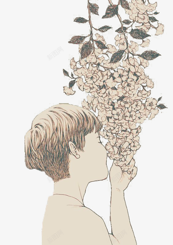 嗅花香的少年png免抠素材_新图网 https://ixintu.com 小清新 植物 男孩 花