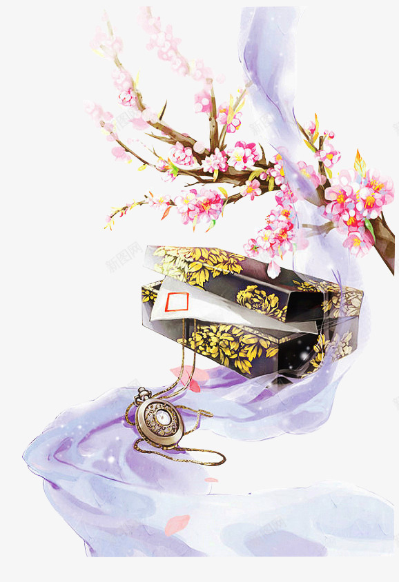 古典箱子丝带红色桃花花瓣png免抠素材_新图网 https://ixintu.com 丝带 古典箱子 红色桃花 花瓣