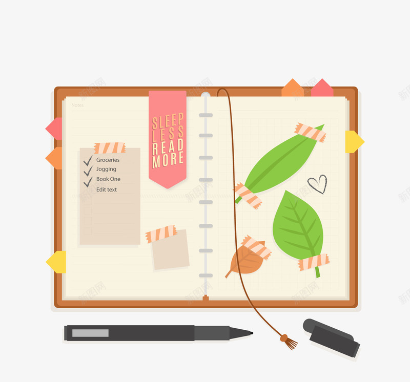 打开的日记本和书签png免抠素材_新图网 https://ixintu.com 书签 卡通植物 日记本 签字笔 绿色叶子