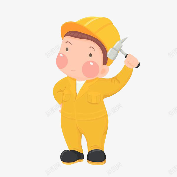 卡通可爱人物穿黄色套装的装修工png免抠素材_新图网 https://ixintu.com 卡通 可爱人物 穿黄色套装 装修工 装修工卡通人物 锤子 黄色帽子
