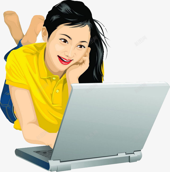 电脑美女png免抠素材_新图网 https://ixintu.com 休闲 卡通插图 彩色 玩电脑