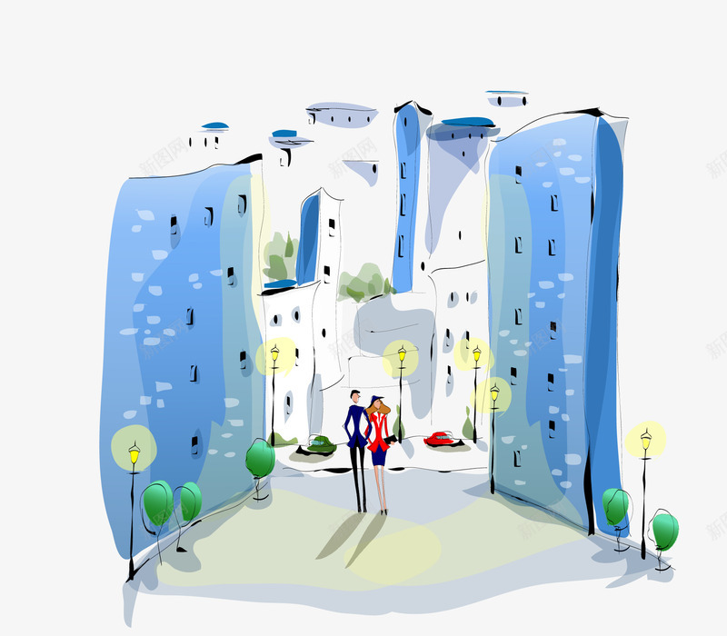 上城市中行走的情侣png免抠素材_新图网 https://ixintu.com 动漫动画 卡通手绘 情侣 植物 楼房 水墨房子 水彩路灯 装饰图 路灯