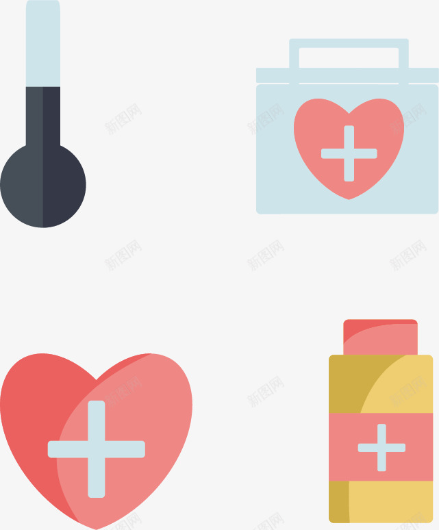 扁平医疗用品矢量图ai免抠素材_新图网 https://ixintu.com 医药箱 扁平 极简 温度计 简单 简约 药瓶 矢量图