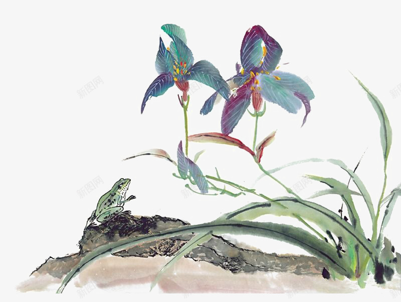 水墨兰花青蛙png免抠素材_新图网 https://ixintu.com 兰花 国画 水墨 绘画 青蛙