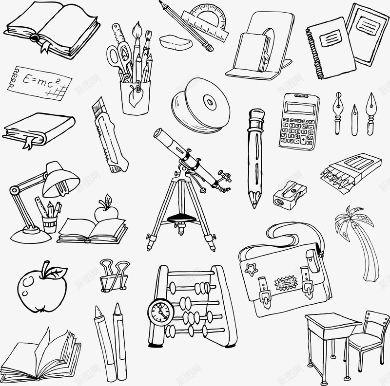 卡通线稿手绘学习用品矢量图eps免抠素材_新图网 https://ixintu.com 卡通的学习用品 学习用品矢量 手绘用品 线稿的学习用品 矢量图