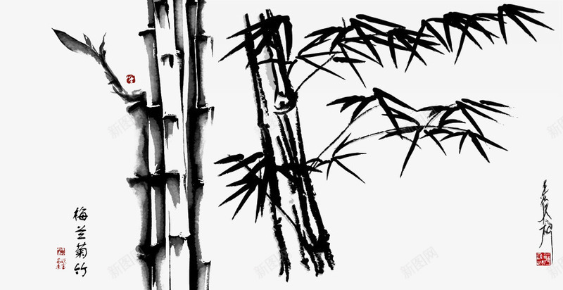 水墨竹子主题psd免抠素材_新图网 https://ixintu.com 印章 毛笔字 水墨 竹子 红色