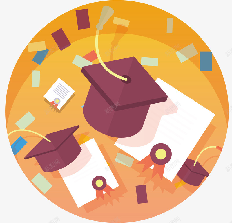 毕业证书与帽子矢量图ai_新图网 https://ixintu.com 卡通 圆形 学位 学士学位 学士帽 手绘 标签 棕色 毕业季 矢量图 纸张 规则图形 黄色
