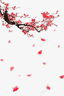 红色装饰图案古风红色梅花和漂落的花瓣高清图片