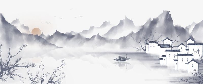 中国风手绘水墨风景山水图案png免抠素材_新图网 https://ixintu.com 中国风 中国风山水 古墨风 古风船 山水 山水画 山河 徽派建筑 手绘 插画 日出 水墨 水墨画 水墨风景 船 风景