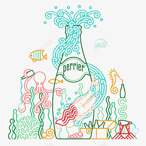 线描海底世界png免抠素材_新图网 https://ixintu.com 小鱼儿 水母 海草 章鱼