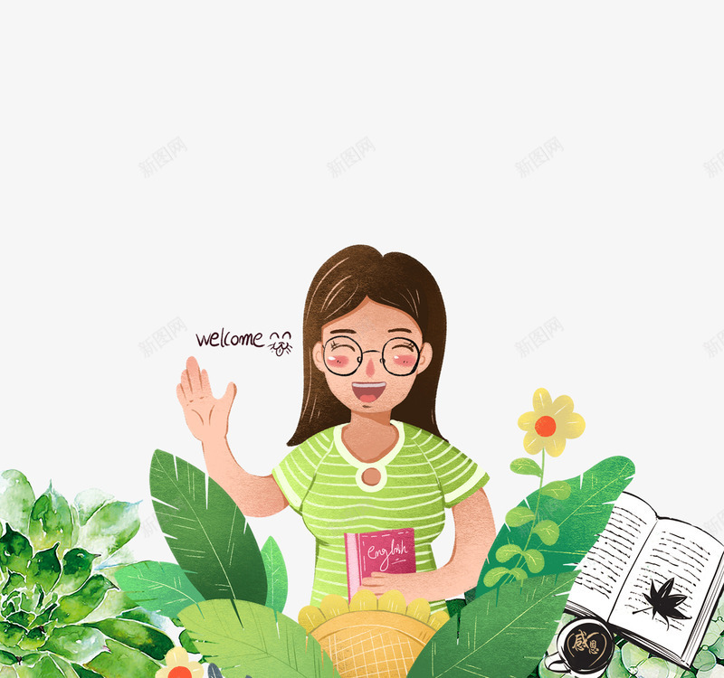 卡通手绘教师节站在花丛里的psd免抠素材_新图网 https://ixintu.com 书本 免抠卡通手绘教师节站在花丛里的老师免费下载 卡通 手绘 教师节 站在花丛里的老师 绿叶装饰