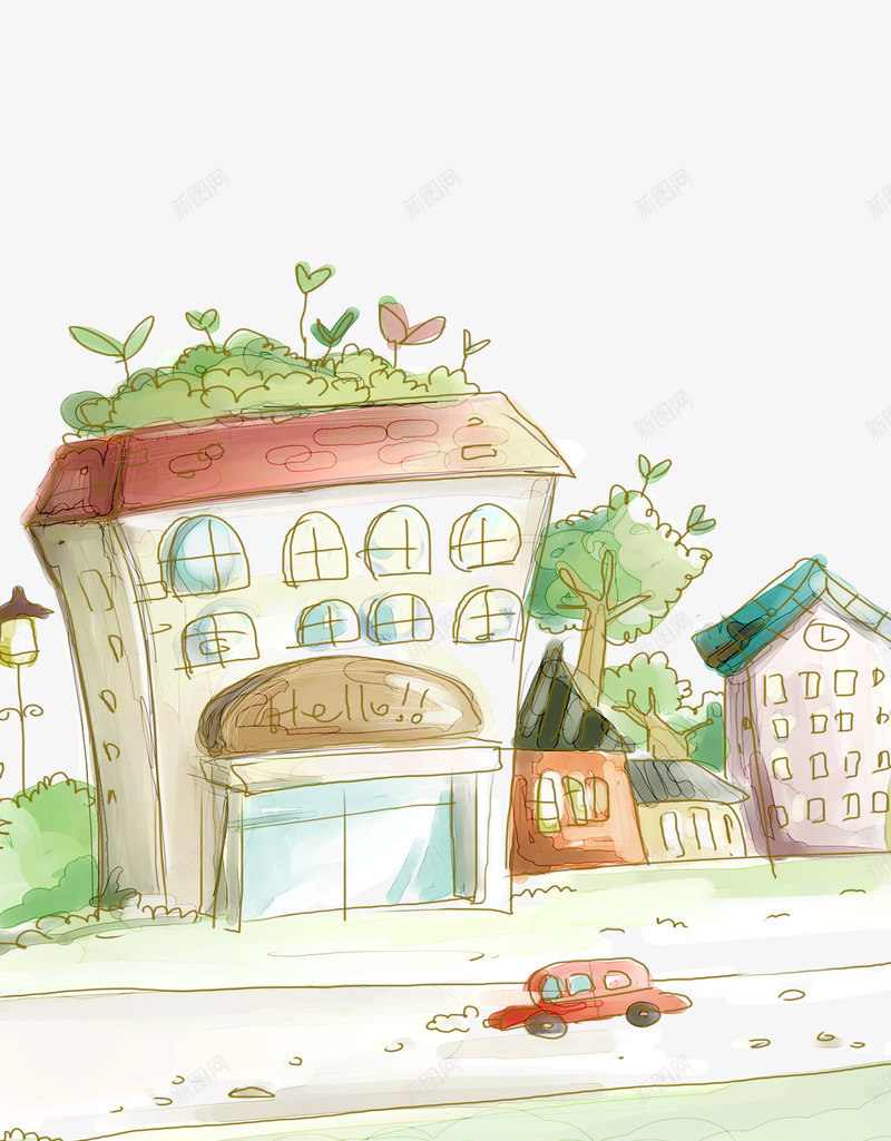 卡通房屋背景png免抠素材_新图网 https://ixintu.com 动画 卡通 房屋 手绘 背景