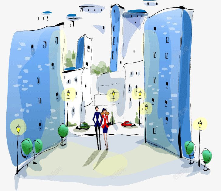 城市水彩剪影画png免抠素材_新图网 https://ixintu.com 人物 卡通人物 城市 城市建筑 小树 建筑 建筑水彩画 房屋 高楼大厦