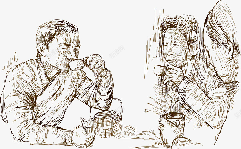 素描场景png免抠素材_新图网 https://ixintu.com 手绘 素描 茶杯 谈话场景 铅画 黑白