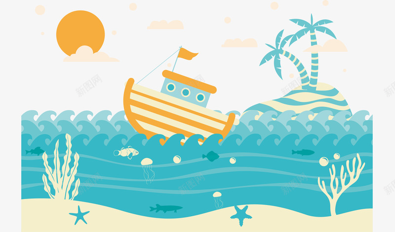 海边小船png免抠素材_新图网 https://ixintu.com 卡通 沙滩 沿海 海岛 海湾 蓝色